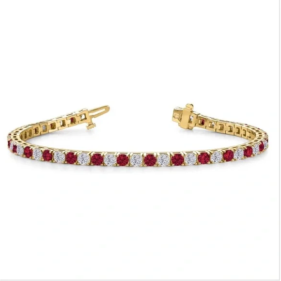 Tennis Bracelet with Simulate Ruby Gemstones and CZ Diamonds 14K Gold/Sterling - Picture 3 of 11